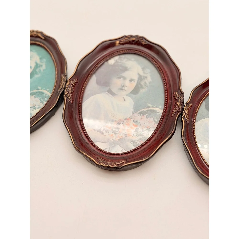 Vintage Victorian Style Oval Picture Frame Set 3 Burgundy Gold Ornate Portrait
